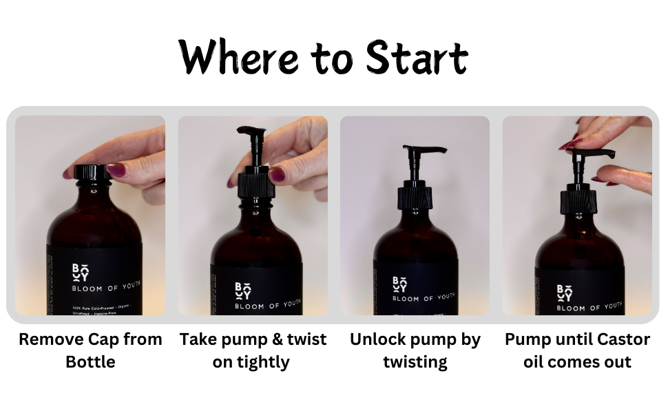 This product comes with a pump for easy application and less mess. 100% Pure castor oil. Clean look