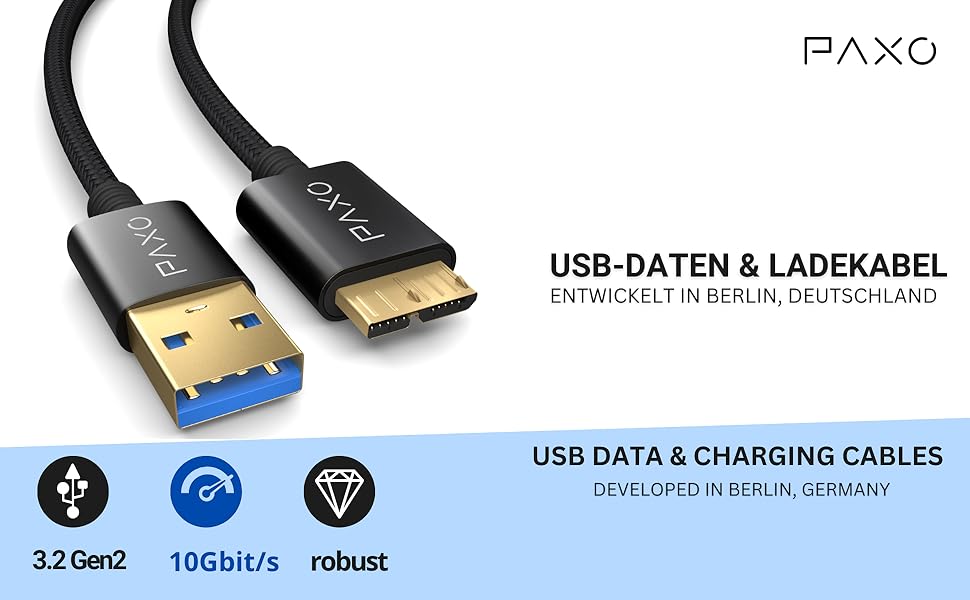 PAXO 10 Gbits Festplattenkabel USB A auf Micro B 30cm schwarz SSD 