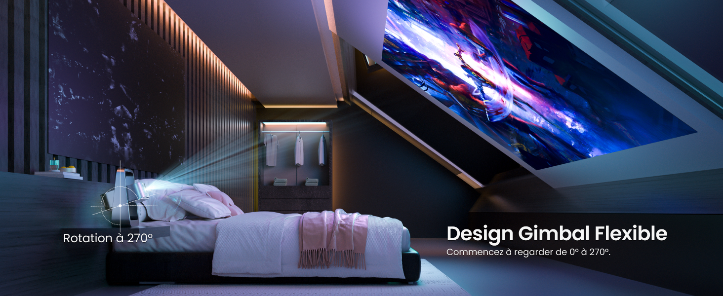 Téléviseur mural au-dessus du bureau avec le texte « Design Gimbal Flexible ». Intérieur de la pièce sombre avec éclairage d'ambiance.