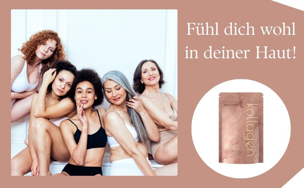 Der Text lautet „Fühl dich wohl“. Werbebanner für Lifestyle-Produkte in roségolden/staubigen Rosatönen mit mehreren Panels mit informellen Zusammenkünften und kreisförmigen Logoelementen.