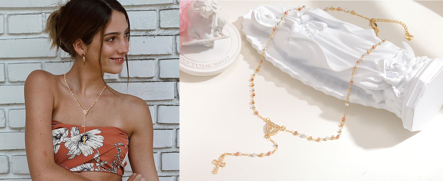 14k Gold Plated Rosary Bead Cross Necklaces