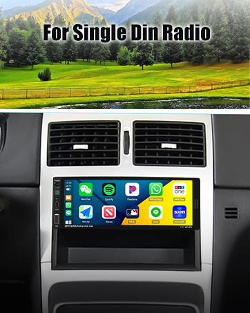 Car dashboard with single DIN radio slot, featuring a large touchscreen display showing app icons for navigation, music, and phone functions.