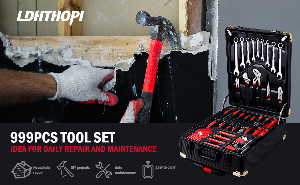 999 PCS Aluminum Tool Set with Wheels，LDHTHOPI Trolley Tool Box with