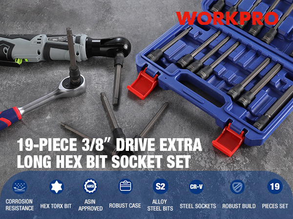 WORKPRO 19-piece 3/8 Inch Drive Extra Long Hex Bit Socket