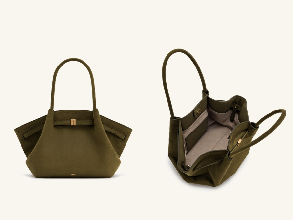 Olive green handbag with structured shape and handles. Two views show closed and open configurations of the bag.
