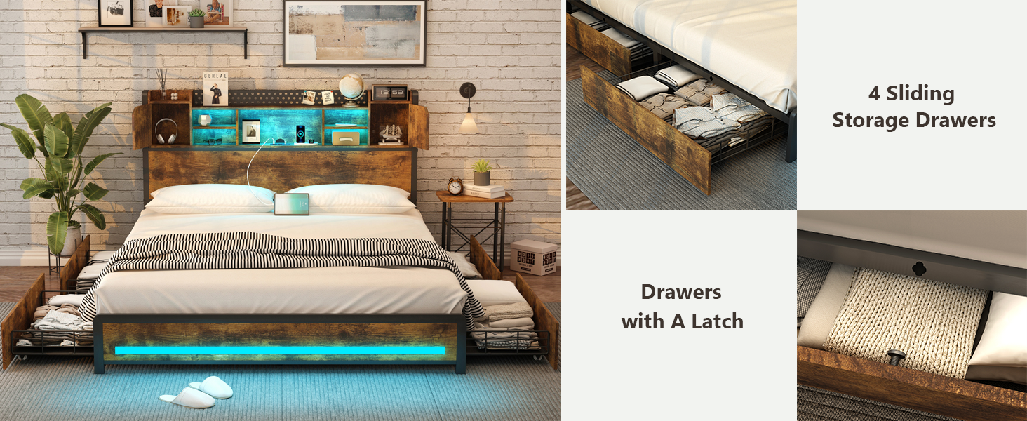 Dnxao Queen Bed Frame with Storage Drawers and Bookcase