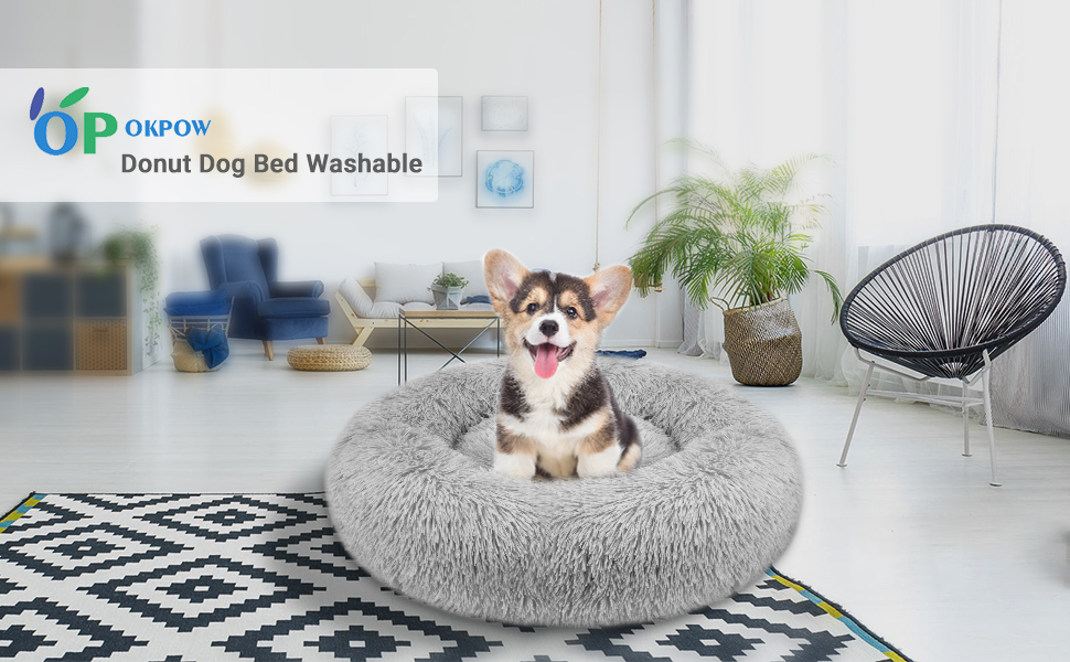 OKPOW Donut Dog Bed Small Washable 50cm Dog Bed with Removable Cover Anti Anxiety Calming Cosy