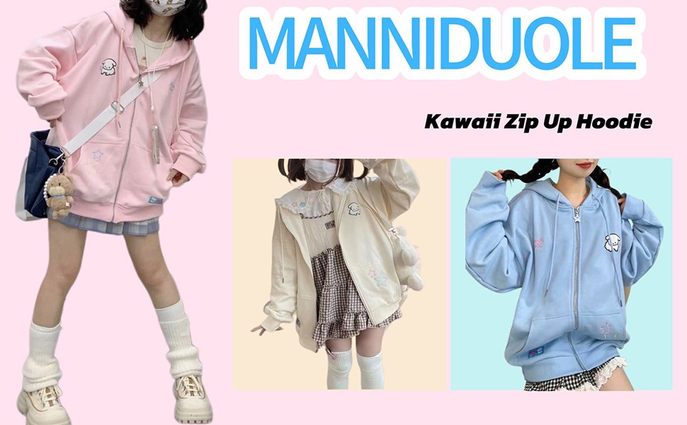 Manniduole Women Kawaii Oversized Zip Up Hoodie Cute Cartoon