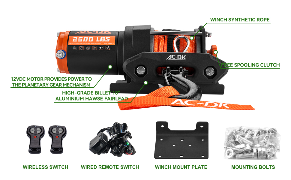 ACDK 2500 lb ATV/UTV Winch Synthetic Rope Kits, 12V Winch with