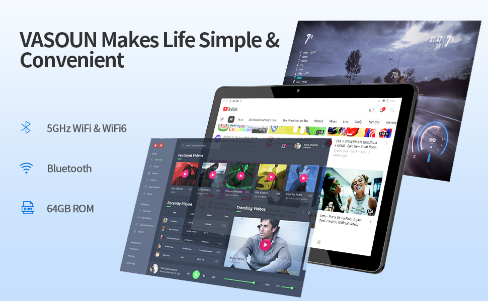 Yasoun tablet device advertisement showcasing multi-screen functionality, Bluetooth connectivity, and 64GB ROM, emphasizing convenience and simplicity.