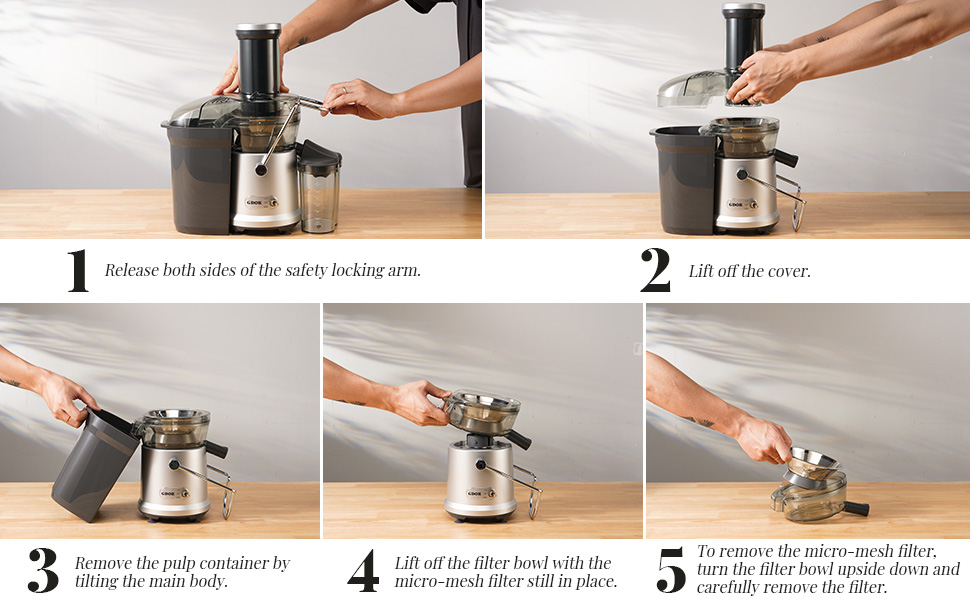 Step-by-step instruction guide showing five hand positions demonstrating the assembly or operation of a metallic kitchen appliance.