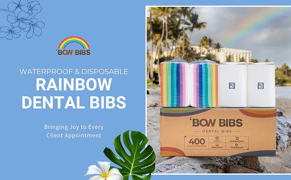 Colorful dental bibs neatly packaged in a durable box, on a beach in Hawaii