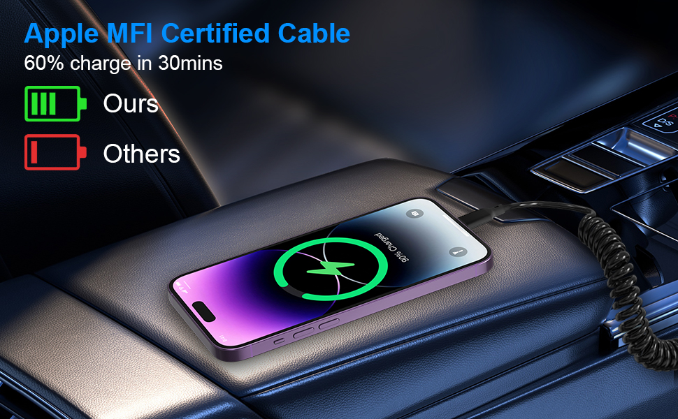 Coiled USBC to Lightning Cable, Apple Carplay Compatible, MFi
