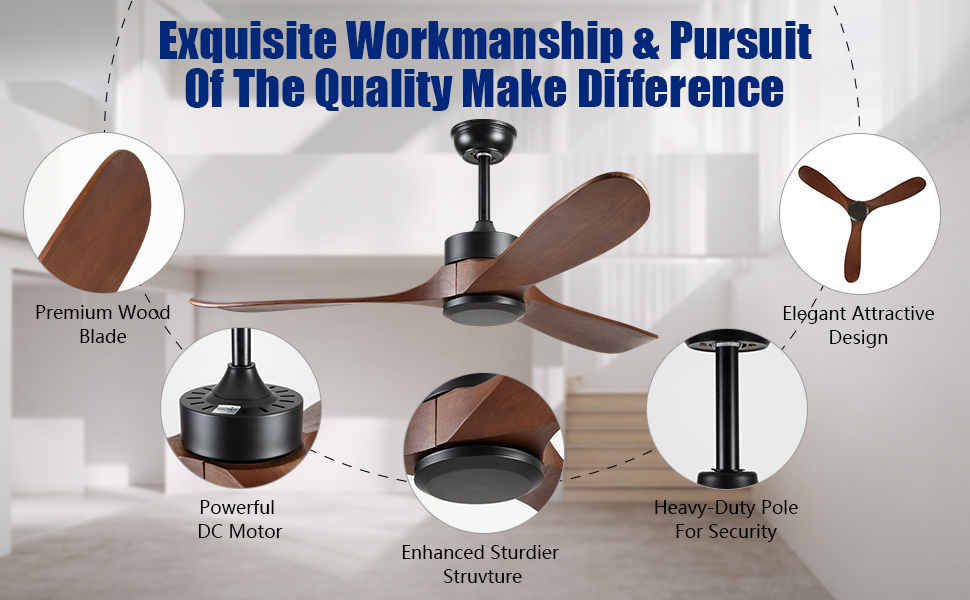 Dannilong 52” Outdoor Ceiling Fan without Light, 3 Solid