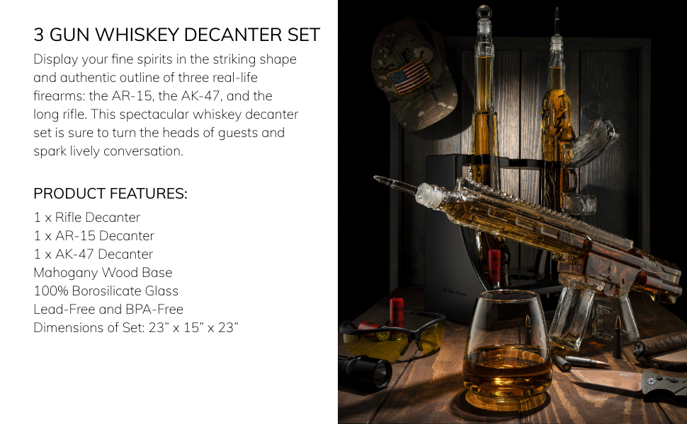 3 Gun Whiskey Decanters Set AR15, AK47, & Rifle Gun Decanter Set 1000ml by The Wine