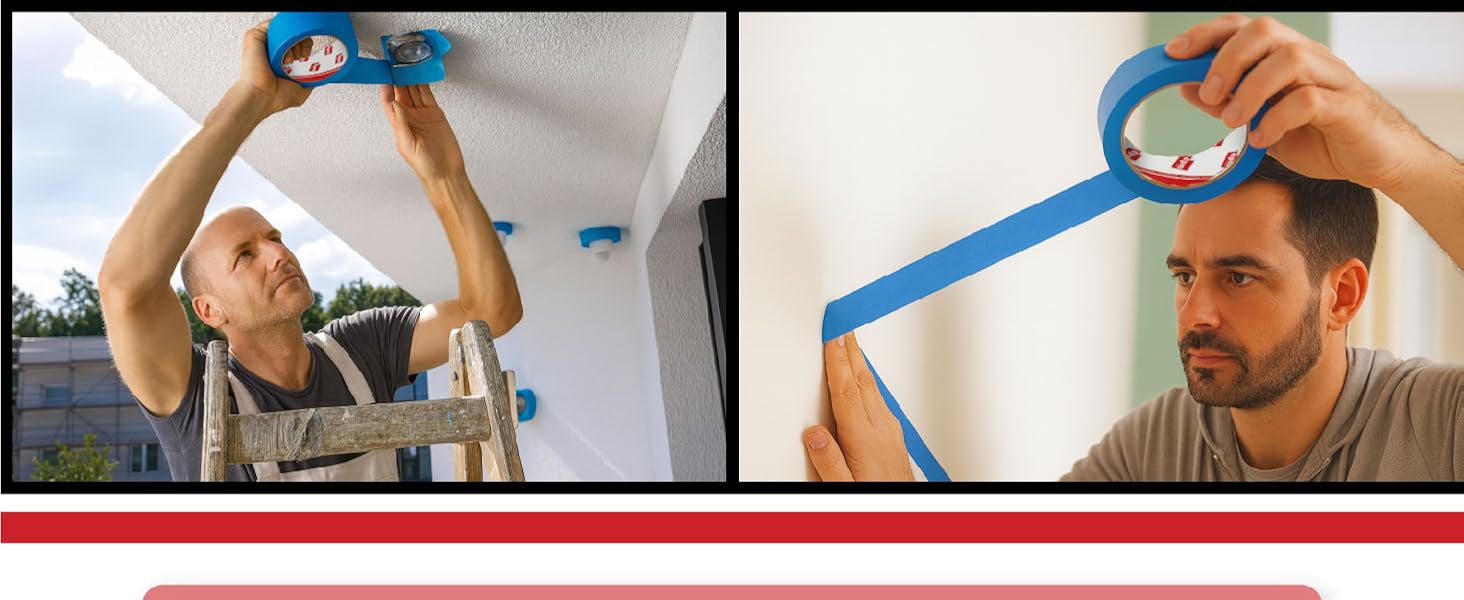 Immagine divisa che mostra l'applicazione del nastro adesivo blu sugli angoli del soffitto o delle pareti, dimostrando la corretta tecnica di mascheratura durante la preparazione della pittura.