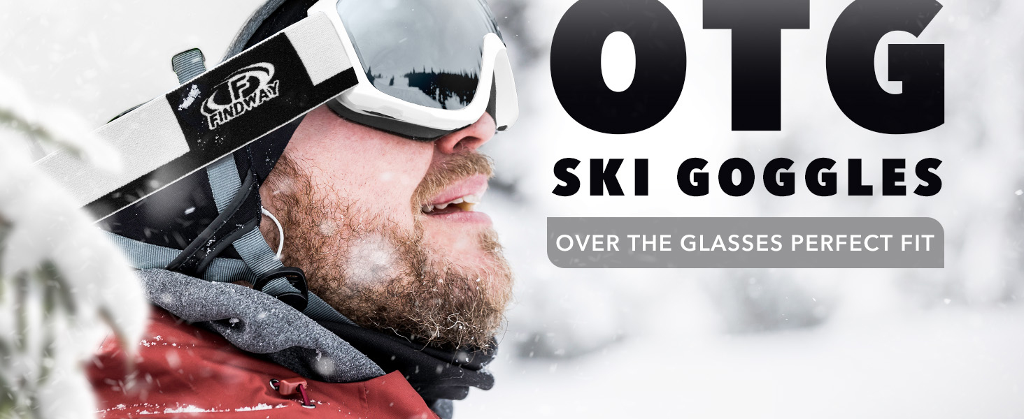 OTG que se usan sobre unas gafas normales, demostradas por una persona en condiciones de nieve. El texto destaca «Over The