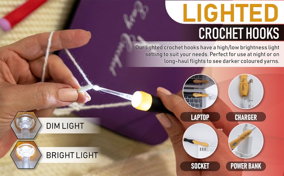 Crochet Hooks Light up Crochet Hook Set Ergonomic Grip Handles. 17 USB Rechargeable Lighted