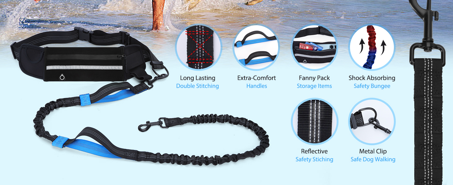 para pasear perros con manos libres incluye cinturón, correa elástica, soporte para bolsas de excrementos y accesorios. Cuenta con costuras reflectantes y un bolsillo de almacenamiento para