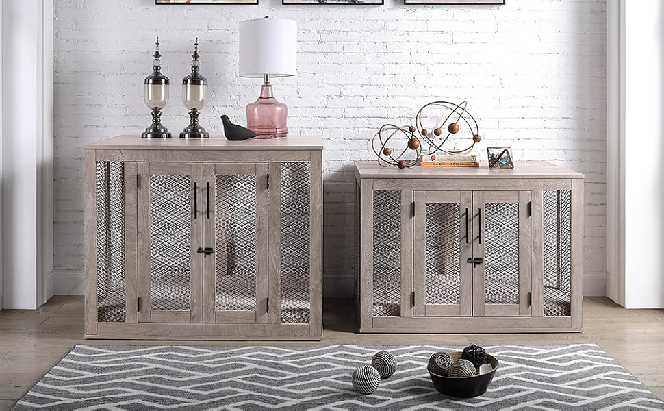 unipaws Wooden Dog Crate with Bed and Tray, Furniture Style Dog Crate