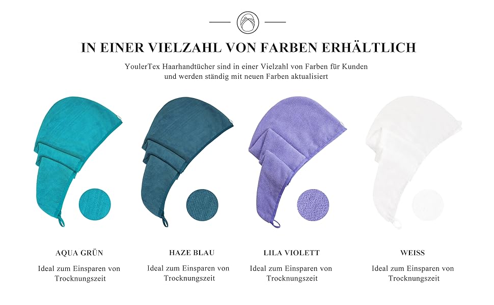 zeigt vier Mikrofaser-Haartücher mit passenden Haargummis in Aquagrün, Dunstblau, Fliederviolett und Weiß