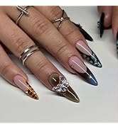 Long Press on Nails Stiletto Fake Nails with Designs 3D Butterfly Stick on Nails French Tip False...