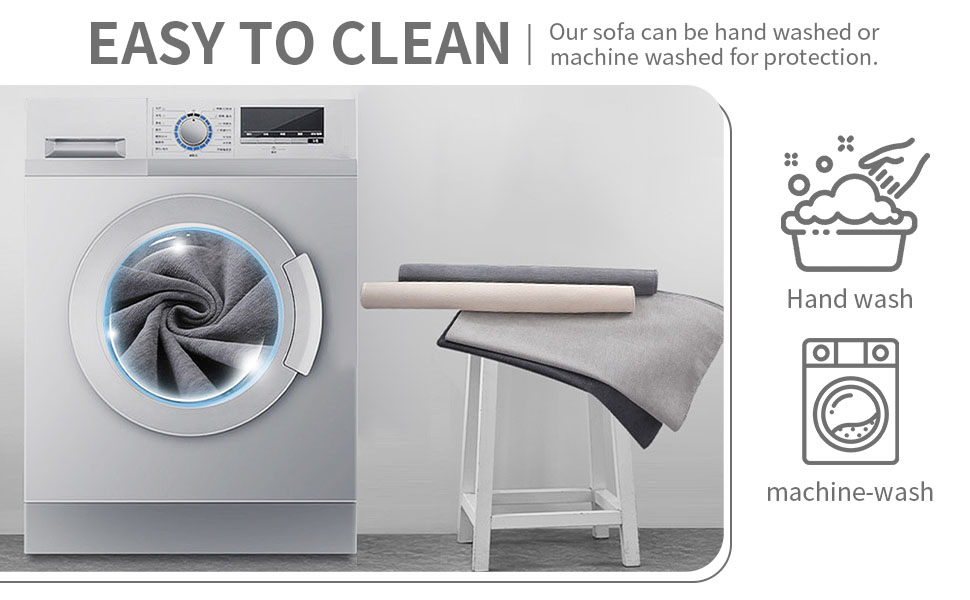 Text reads 'EASY TO CLEAN Our sofa can be hand washed or machine washed for protection.' Shows washing machine, gray furniture, and care instruction icons for hand wash and machine wash.