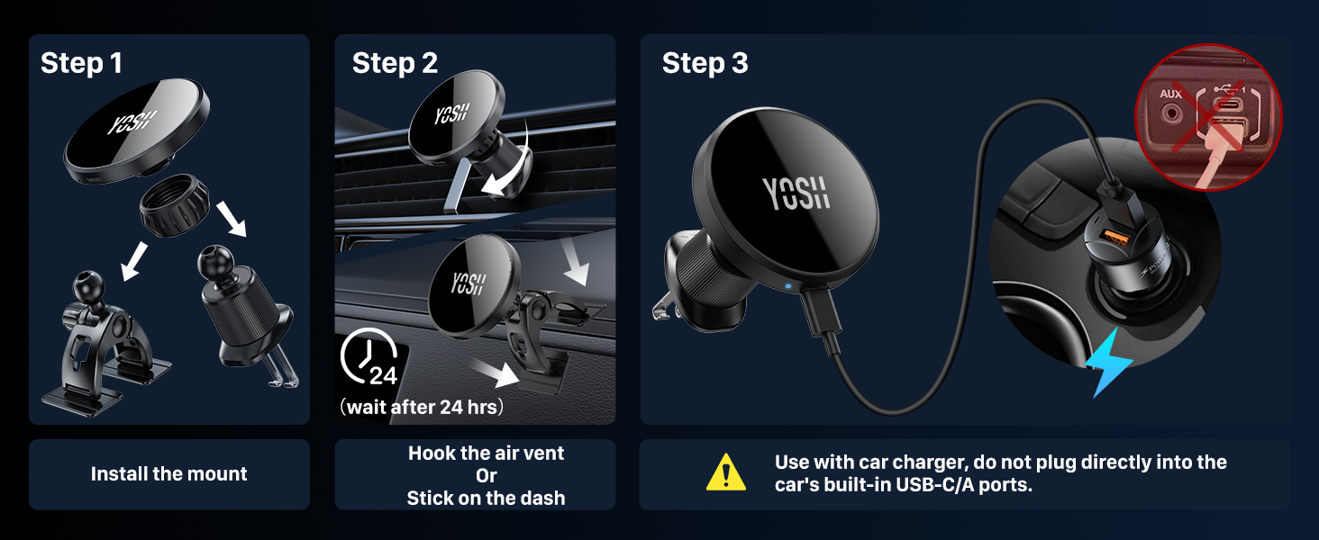 Step-by-step installation guide showing how to mount and connect a car dash device. Three steps illustrated with detailed views of mounting bracket, vent clip attachment, and power connection.