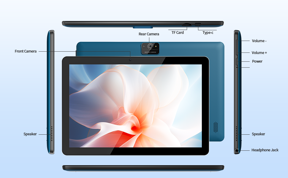 Tablet device shown from multiple angles featuring front and rear cameras, speakers, headphone jack, and volume controls. Display shows soft pink floral image.