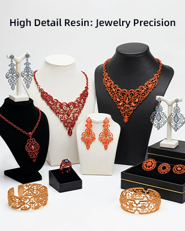 Text reads 'High Detail Resin: Jewelry Precision'. Display of orange and silver costume jewelry pieces including necklaces and earrings on black display stands.