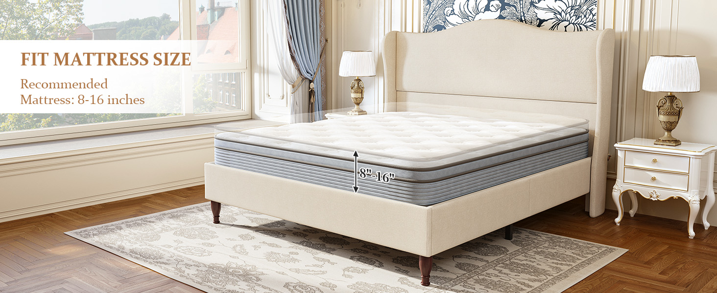 Bed Frame Upholstered Platform Bed with 51" Tall Headboard Wingback