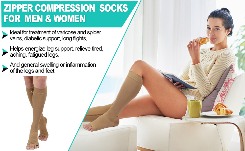 Zipper Copper Compression Socks Open Toe Beige 2030