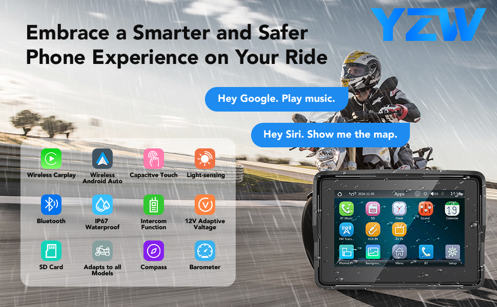 YZW Motorcycle GPS Carplay Screen, Wireless CarPlay & Android Auto Car Stereo for Motorbike