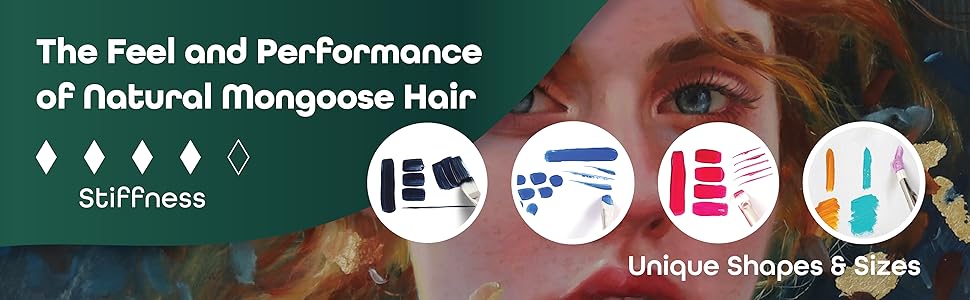 Close-up of four different paint strokes in front of a painting of a woman.