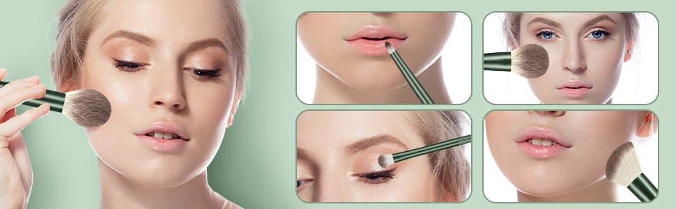 Collage of makeup application techniques. Images show applying foundation with a brush, applying lipstick, and using various brushes for eye makeup.