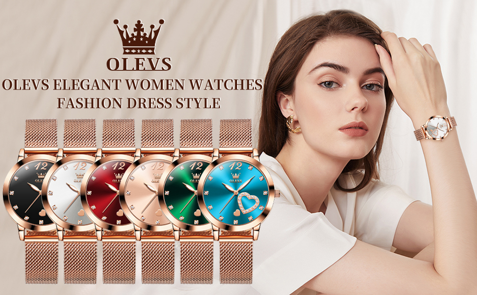 OLEVS Watch for Women Rose Gold Fashion Dress Heart Diamond Stainless