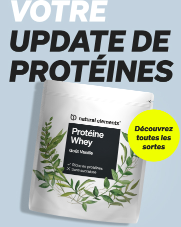 Contenant blanc de protéine de lactosérum en poudre Natural Elements à saveur de vanille. Décoré de feuilles vertes. Le texte favorise la mise à jour des protéines et la découverte de variétés de produits.