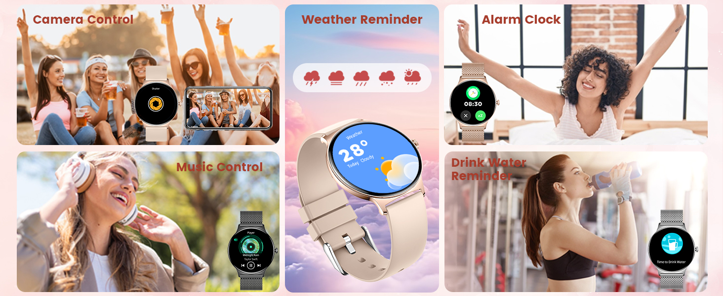 Smartwatch interface showcasing multiple functions: camera control, music control, weather forecast, drink water reminder, and alarm clock. Watch face displays temperature of 28°.