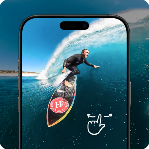 Tres marcos para teléfonos inteligentes que muestran imágenes de acción del surf, con un surfista surfeando sobre las olas azules del océano. Las imágenes parecen mostrar las capacidades de la cámara del teléfono o de la aplicación.