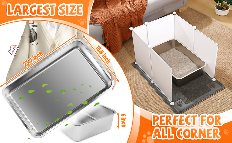 3 Set Extra Large Stainless Steel Litter Box, 24 x 16 x 6