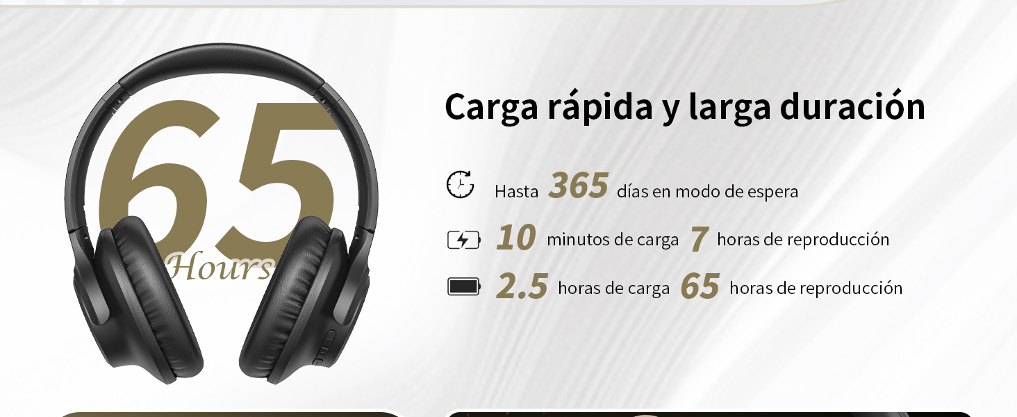 con 65 horas de reproducción, 365 días en espera, 10 minutos de carga rápida para 7 horas de uso y 2,5 horas de carga completa