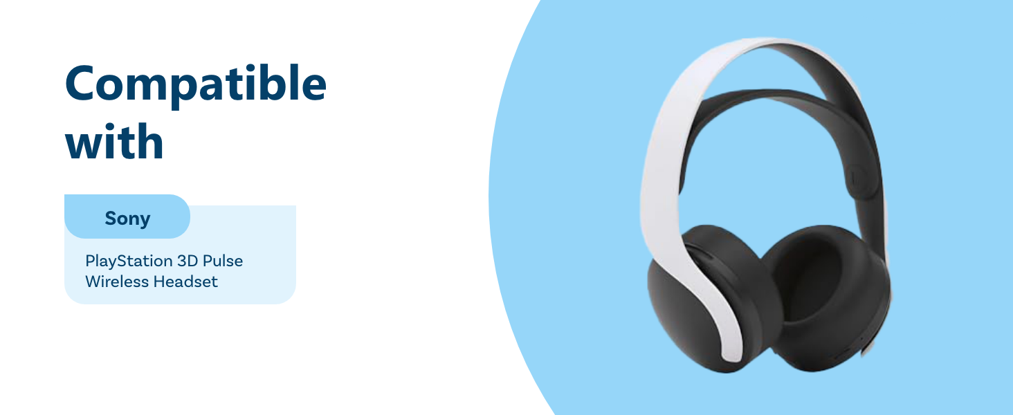 Casque supra-auriculaire sans fil blanc et noir sur fond bleu clair. Le texte indique la compatibilité avec le casque sans fil Pulse de Sony PlayStation 5.