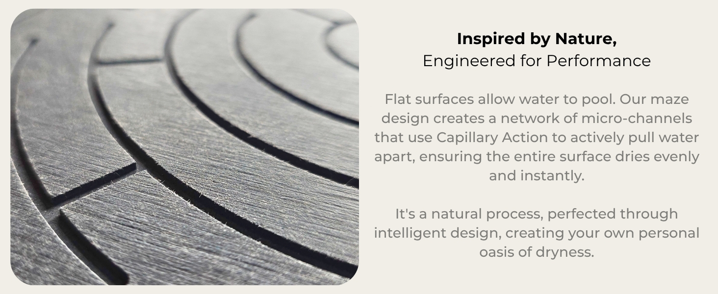 Flat surfaces allow water to pool. Our maze design creates a network of micro-channels that use