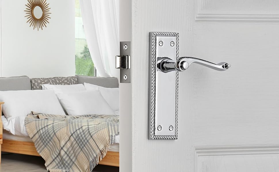 Designer Levers Scroll Lever Door Handles, Short Latch Door Handle Set Polished