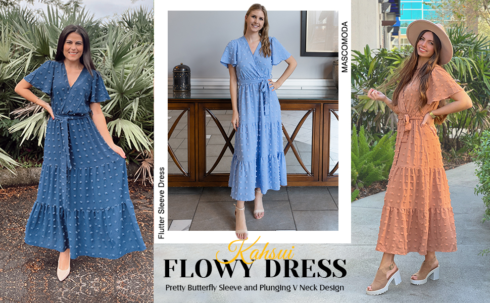 Women Boho Swiss Dot Maxi Dresses Wrap V Neck