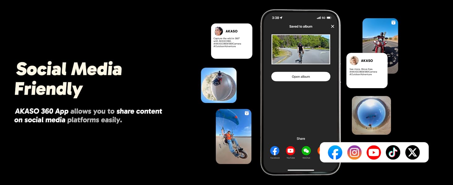 Text reads 'Social Media Friendly'. Display of mobile phone screens showing various social media interfaces and outdoor photography content with app icons at bottom.