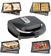 Black electric sandwich maker with multiple cooking plates showing various food items including waffles, sandwiches, and grilled items.