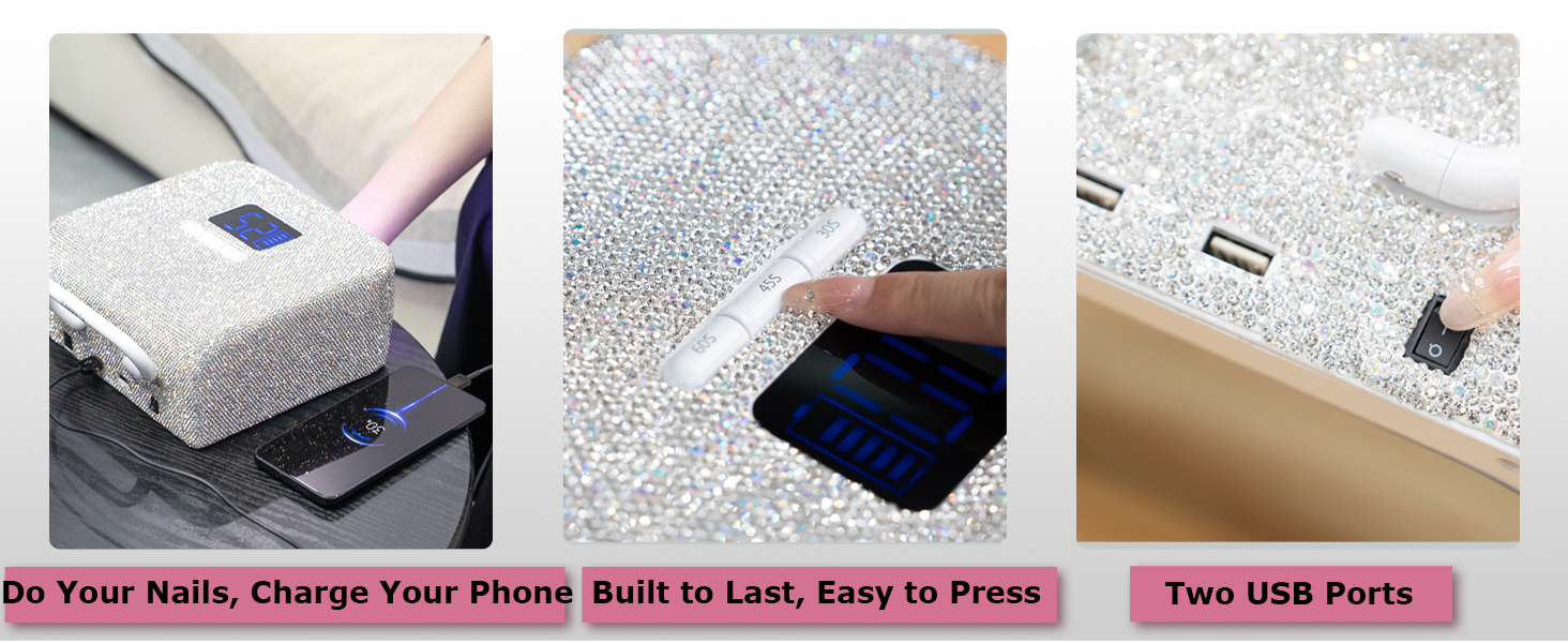 UV nail lamp drying nails while charging a phone with built-in USB port for multitasking