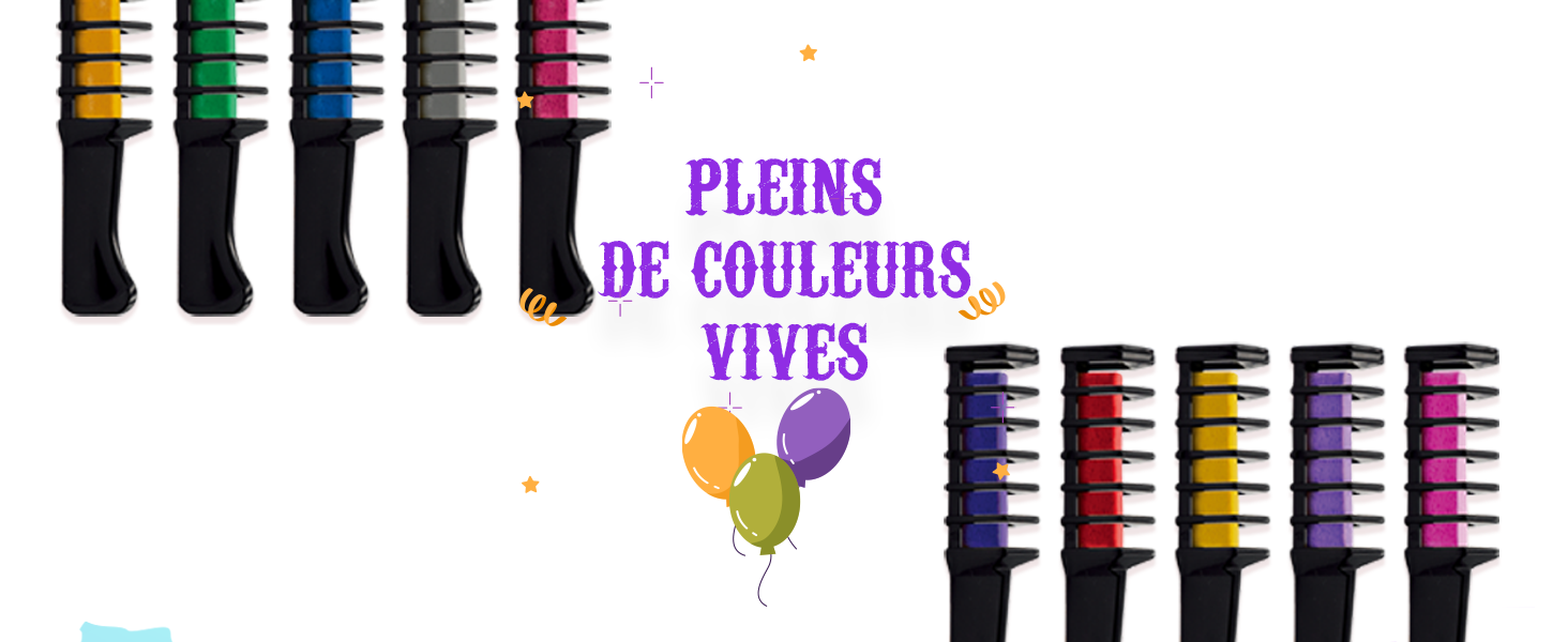 Collection de peignes à colorer les cheveux de différentes couleurs, dotés de poils intégrés pour une application temporaire