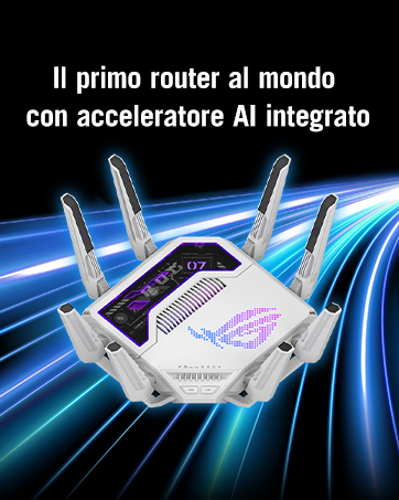 Metin, "Entegre AI Hızlandırıcılı Dünyanın İlk Yönlendiricisi" yazıyor. Modern beyaz yönlendirici, mavi ışık efektli arka planda gösterilen açılı tasarım.